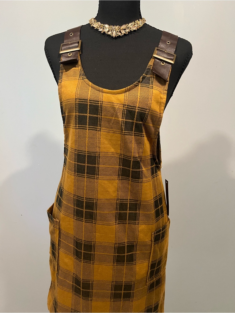 No Boundaries Mustard Plaid Mini Pinafore Dress with Brown Strap Accents - Picture 2 of 5